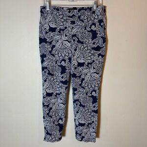 Talbots Pants Navy Blue White Floral Print Chatham Ankle‎ Size 8